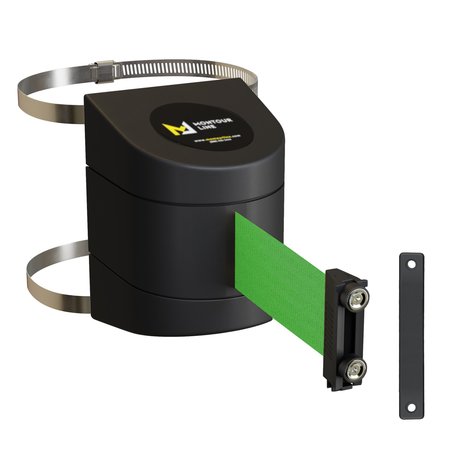 Retractable Belt Barrier Black Clamped Wall Mount, 7.5'Green Belt (M)